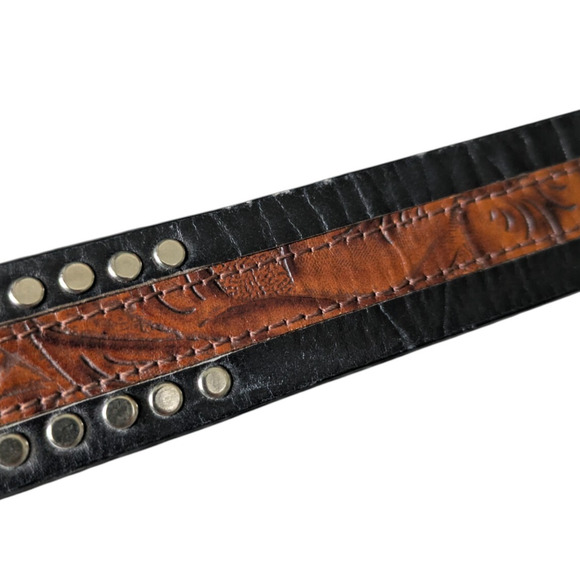Terry Stack Black Brown Studded Hook and Loop Italian Leather Belt Size Large - Picture 8 of 9
